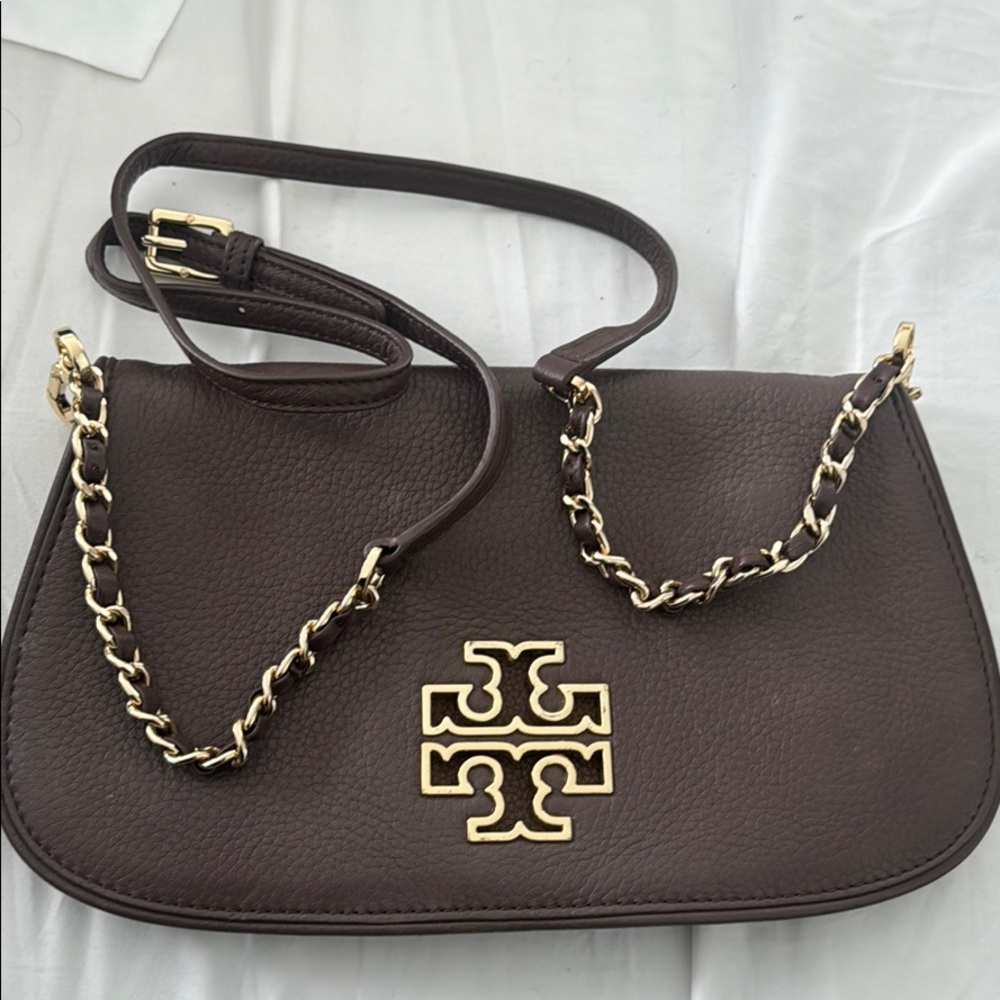 Tory Burch light brown leather clutch bag